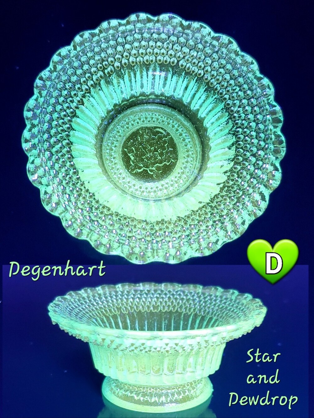 UV-Reactive Degenhart Star and Dewdrop 8 Aqua Blue Uranium Glass Salt Cellar Dip